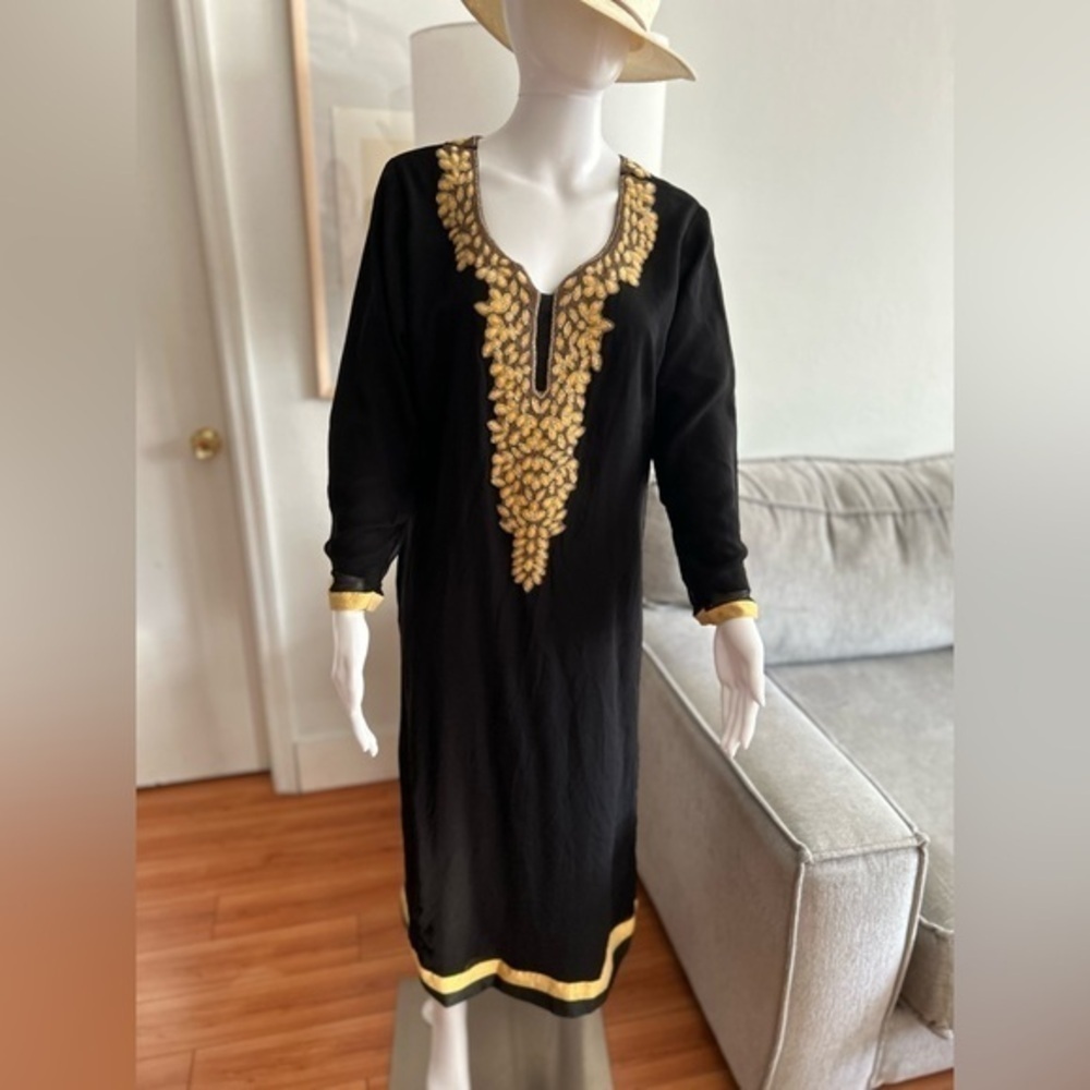 Black Embroidery Velvet Beaded  Tunic Lagenlook Dress S/M - Picture 2 of 14